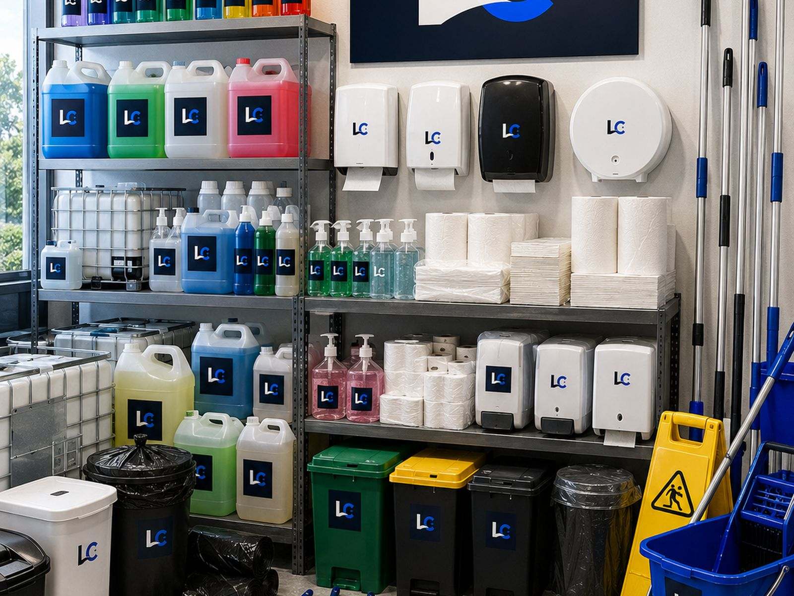 Estantería con insumos de limpieza e higiene de Limpia Cor para empresas en Córdoba