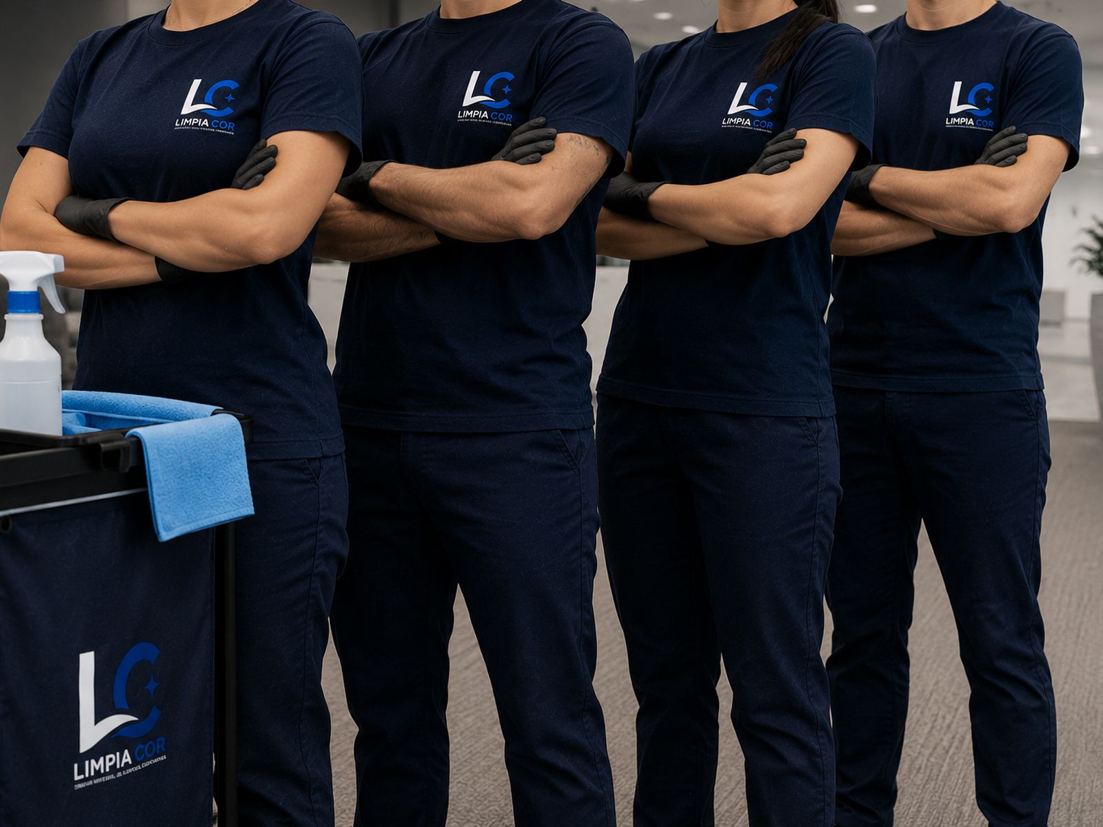 Equipo de Limpia Cor, empresa de limpieza en Córdoba, con uniforme y carro de trabajo