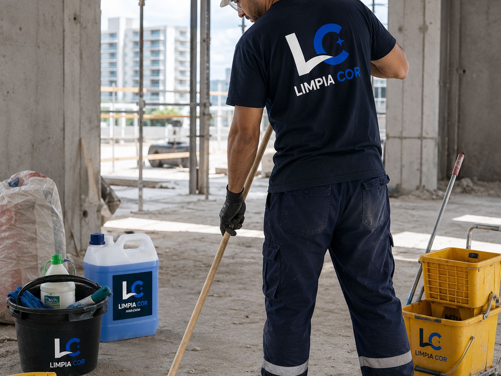 Operario de Limpia Cor limpiando un espacio exterior con baldes y recipientes
