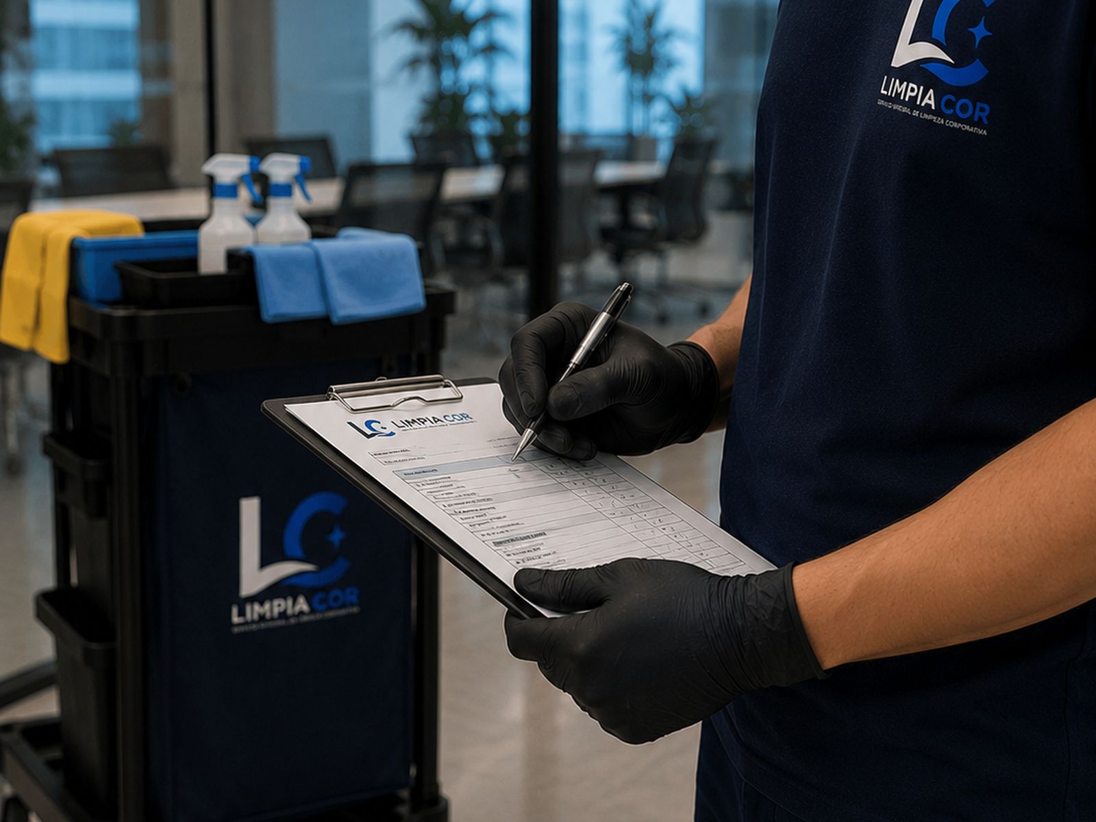 Supervisor de Limpia Cor controlando la planilla de tareas de limpieza en una oficina de Córdoba